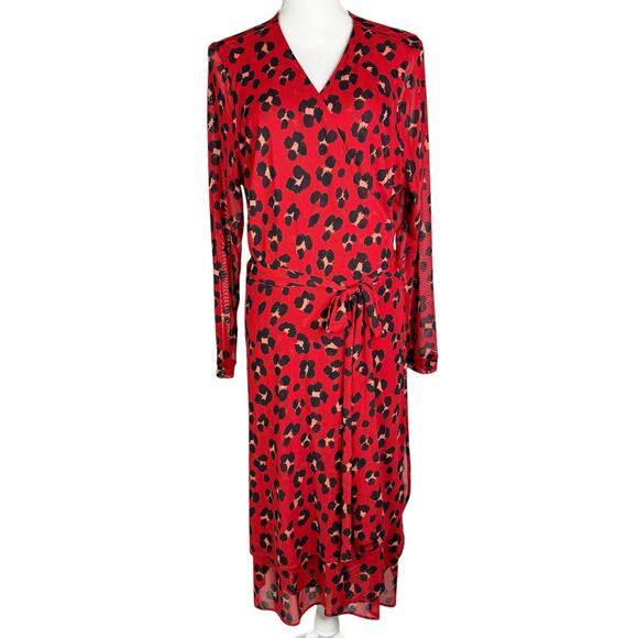 CAbi #5571 Siren Wrap Dress Midi Length V-Neckline Leopard Print Red XXL - Picture 2 of 12